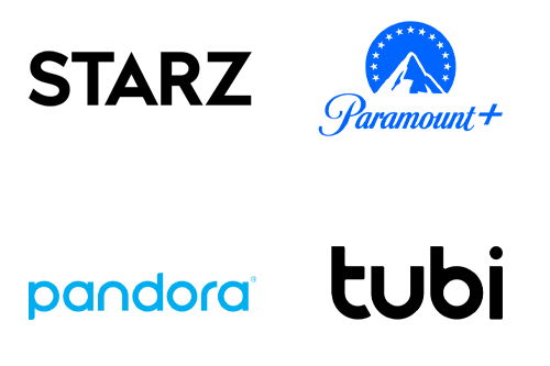 STARZ, Paramount+, Pandora, Tubi