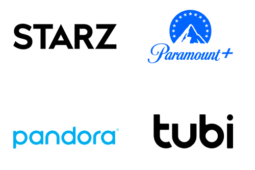 STARZ, Paramount+, Pandora, Tubi